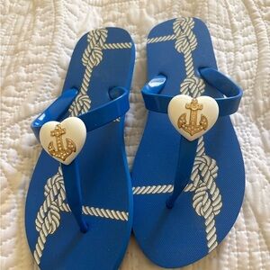 Blue Nautical Rope Flip Flops with Heart Anchor Accent